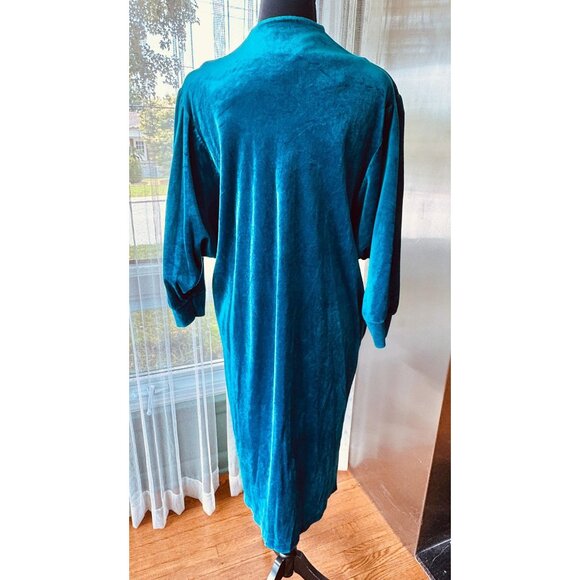 Vintage 80s robe, peacock blue velvet, batwing sleeves, front sipper, Sears - Picture 7 of 10
